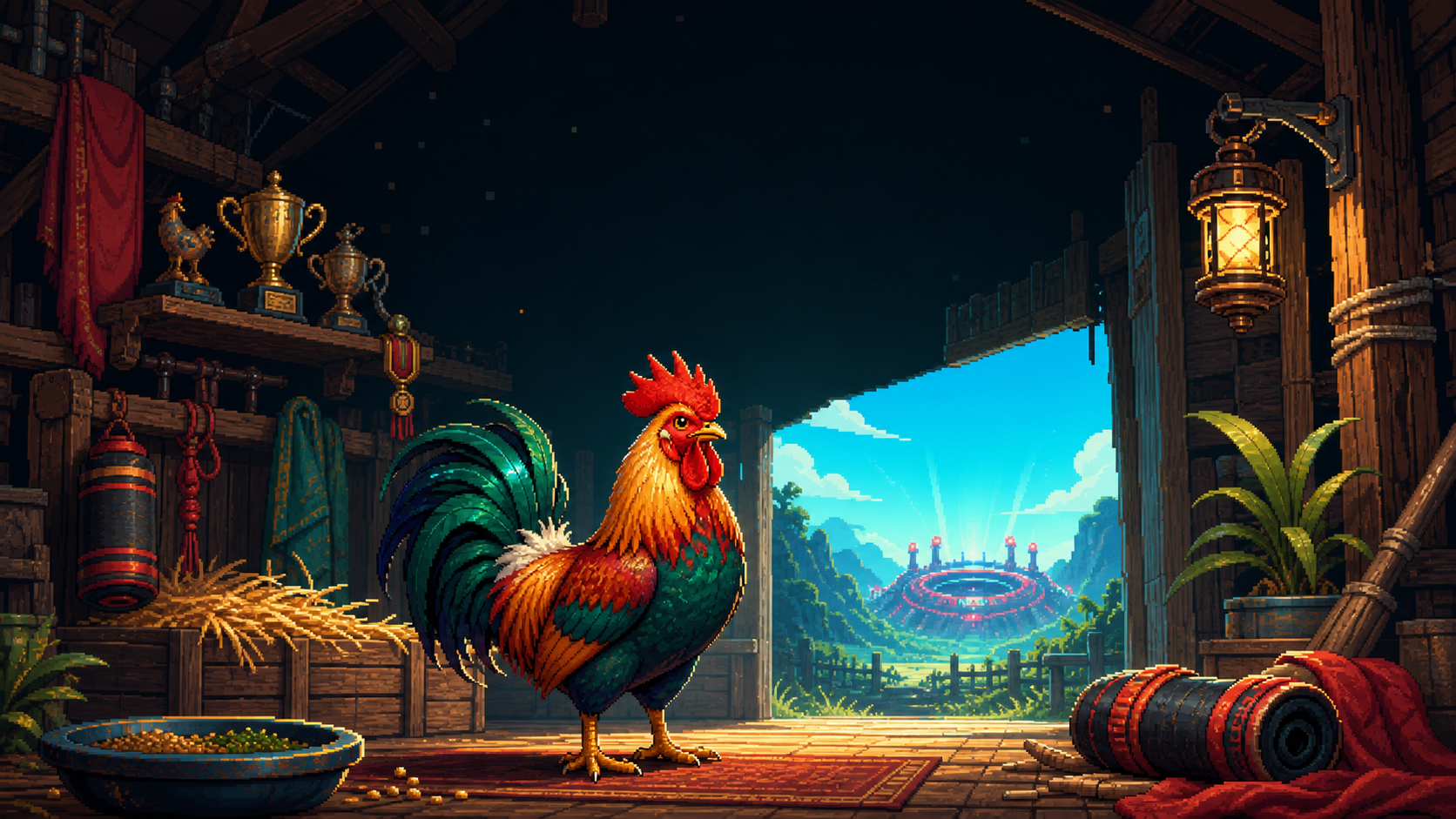 A proud CryptoCock in its Coop with the distant arena beyond